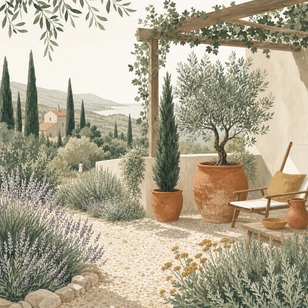 Stimmungsbild: Mediterranen Garten planen – Beispielplan & Grundriss