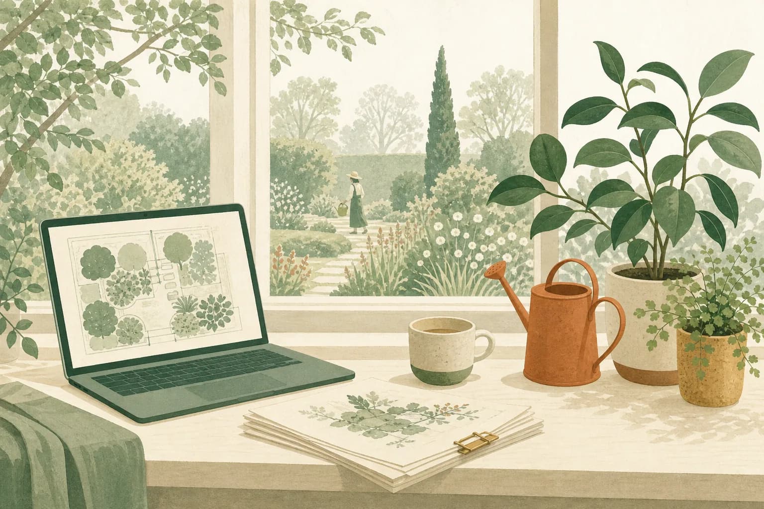 Illustration: Ein heller Schreibtisch am Fenster mit Notebook, Papierstapel, Tasse und Topfpflanzen; draußen ist der Garten angedeutet.