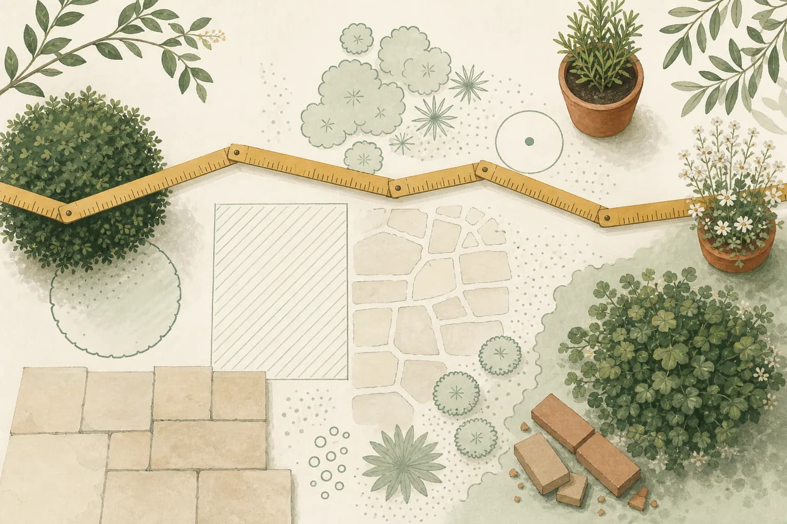 Illustration von oben: Ein Zollstock spannt sich über einen Gartenplan; darunter treffen echte Gartenelemente auf ihre Plansymbole – ein Strauch neben seinem Kreis, Pflaster neben seiner Schraffur.