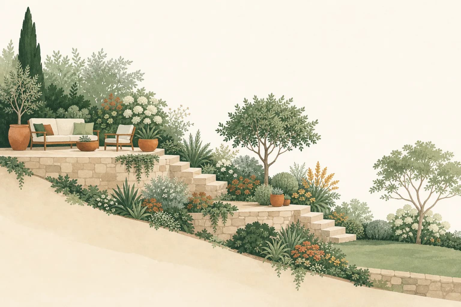 Illustration: Ein Hanggrundstück von der Seite – drei Terrassen mit niedrigen Stützmauern, oben ein Sitzplatz, in der Mitte Beete, unten Rasen, verbunden durch Stufen.