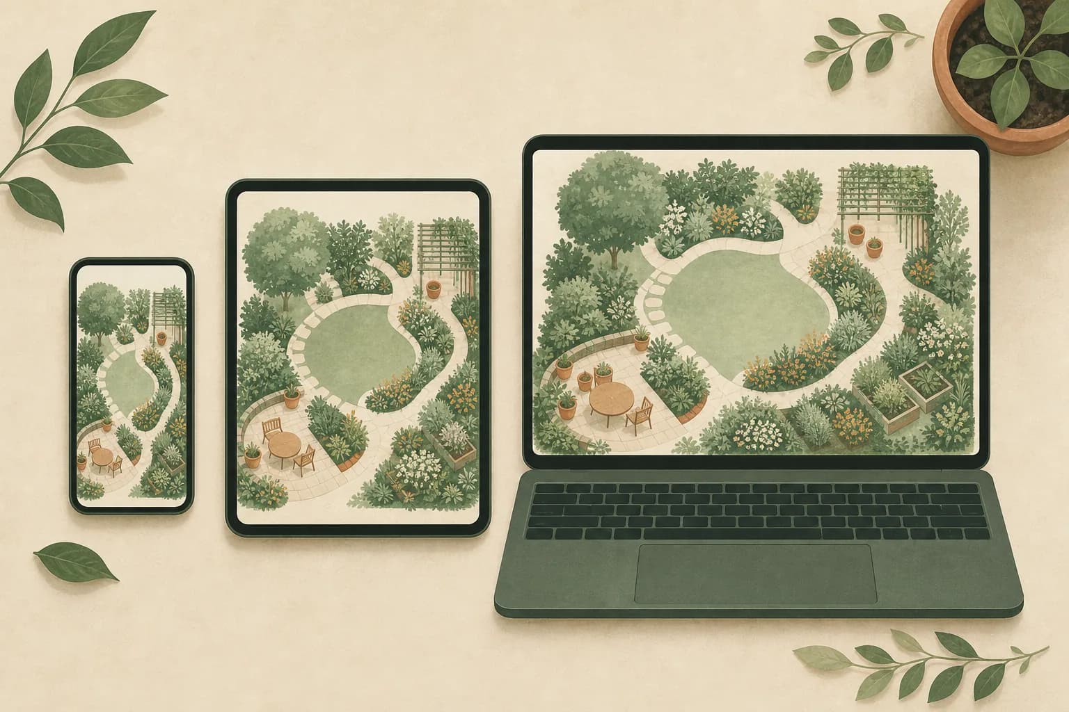 Illustration: Handy, Tablet und Notebook nebeneinander – auf jedem derselbe Gartenplan, von links nach rechts mit sichtbar mehr Platz und mehr Details.