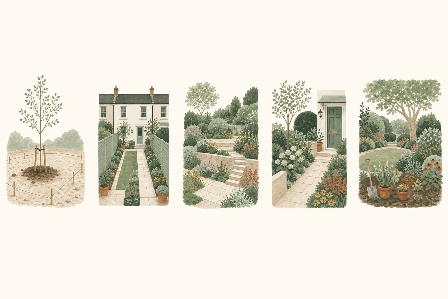 Illustration: Fünf Grundstückstypen nebeneinander – ein kahles Neubaugrundstück, ein langer schmaler Reihenhausgarten, ein Hanggarten mit Terrassen, ein Vorgarten am Hauseingang und ein älterer Garten beim Umpflanzen.