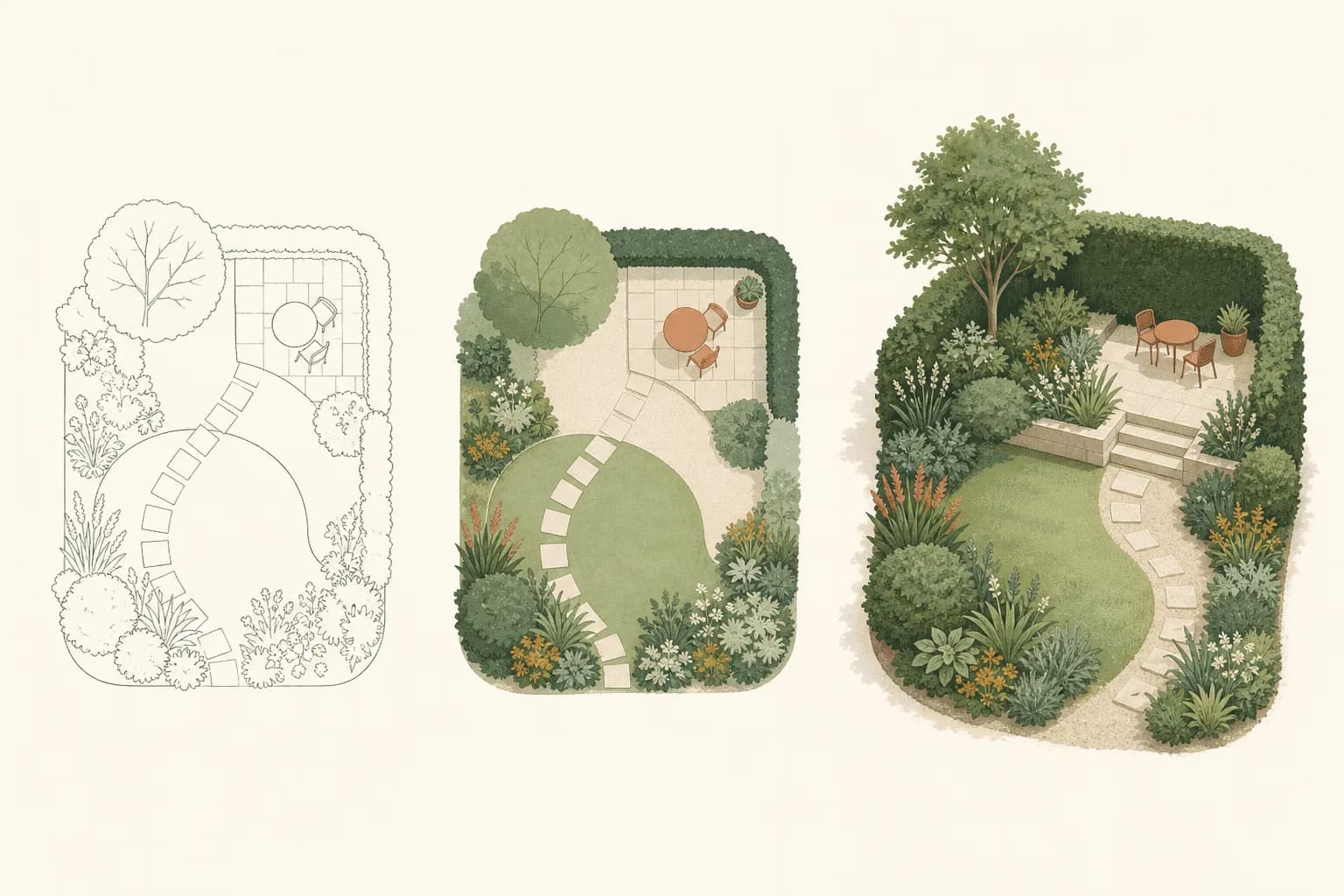 Illustration: Dieselbe Gartenecke in drei Schritten – erst als Umrisszeichnung, dann als farbiger Grundriss, zuletzt räumlich mit Hecke, Baum und Terrasse.