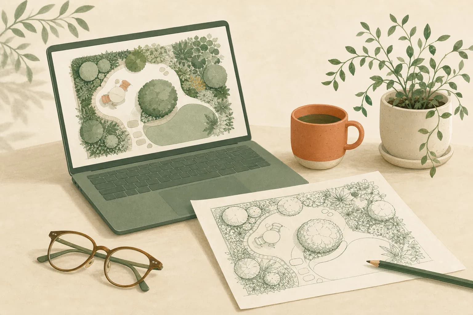 Illustration: Ein Schreibtisch mit aufgeklapptem Notebook, auf dessen Bildschirm ein Gartenplan liegt, daneben dieselbe Zeichnung auf Papier, eine Tasse und eine Topfpflanze.