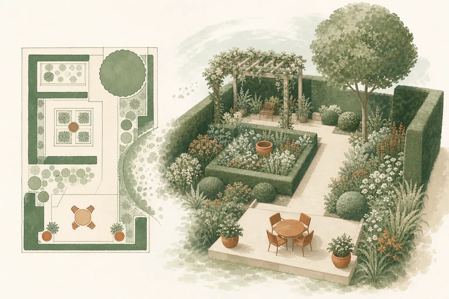 Illustration: Derselbe Garten zweimal – links als flacher Grundriss von oben, rechts erheben sich dieselben Formen zu Hecke, Baumkrone, Pergola und Terrasse.