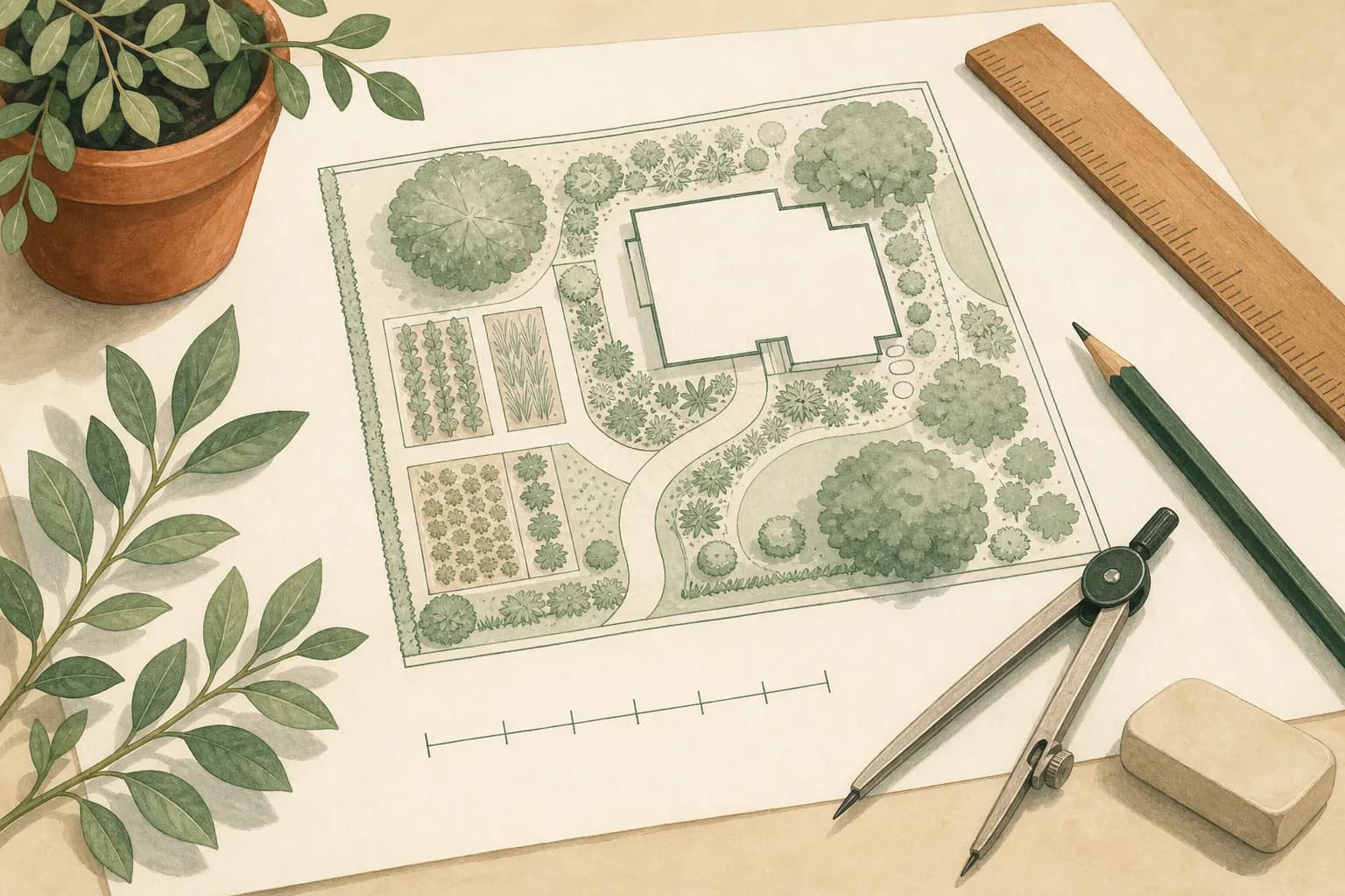 Illustration: Ein von Hand gezeichneter Gartenplan auf Papier mit Grundstücksgrenze, Hausumriss, Beeten und Weg – daneben Lineal, Bleistift, Zirkel und Radiergummi.
