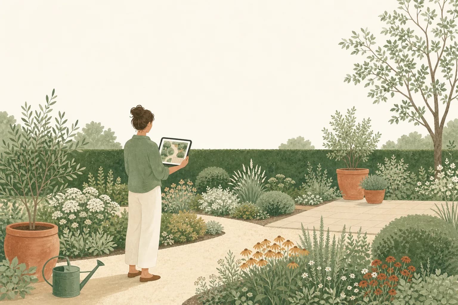 Illustration: Jemand steht im Garten und hält ein Tablet, auf dem der Grundriss desselben Gartens zu sehen ist – Beete, ein geschwungener Weg und die Terrasse.