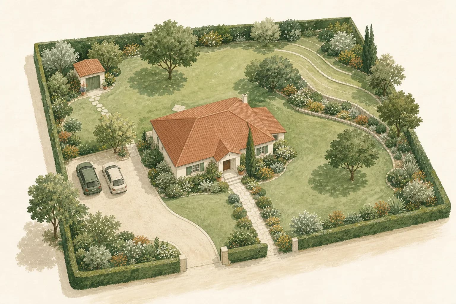Illustration: Ein ganzes Wohngrundstück aus der Vogelperspektive mit Grundstücksgrenze, Haus, Zufahrt, Stellplätzen, Gartenhaus, Rasen und Beeten.