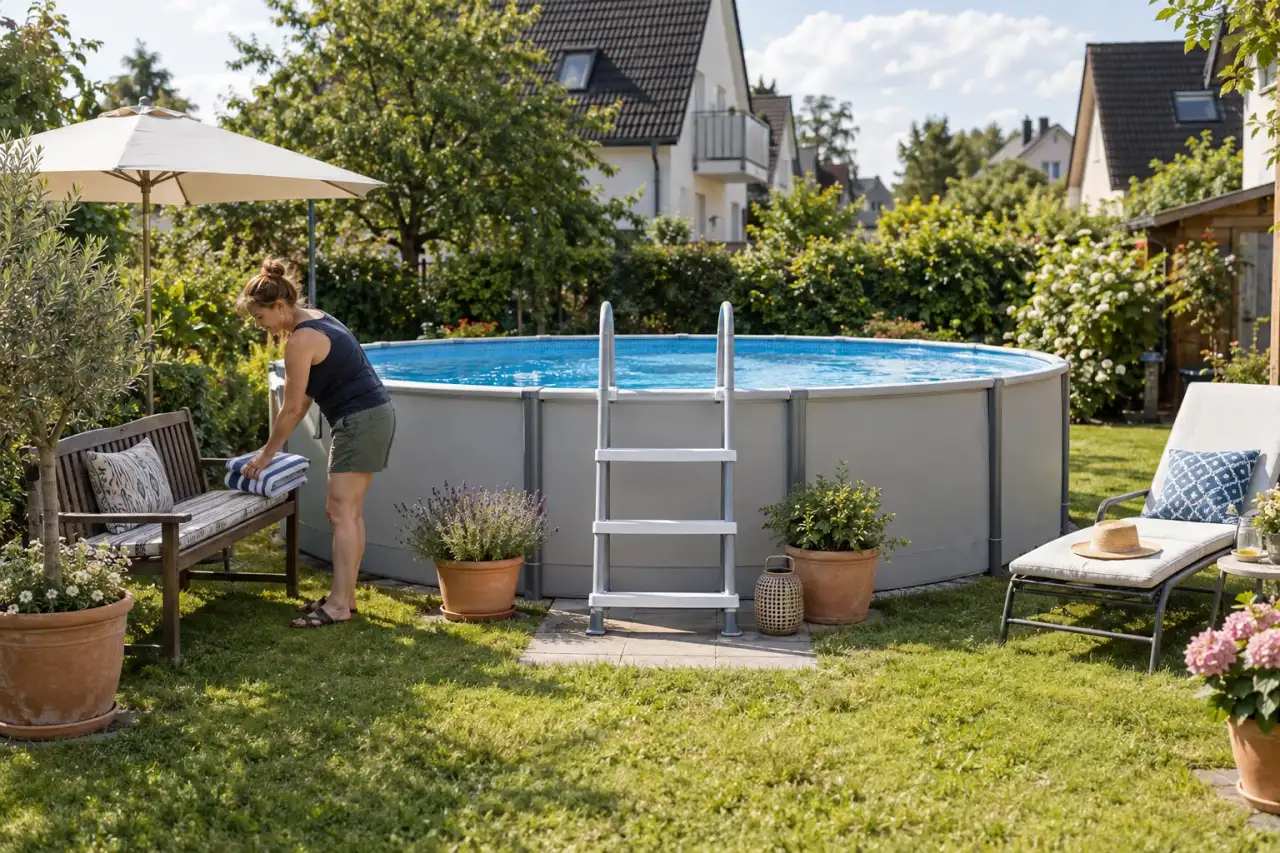 Poolbereich mit freier Einstiegszone und passenden Sitzplätzen.