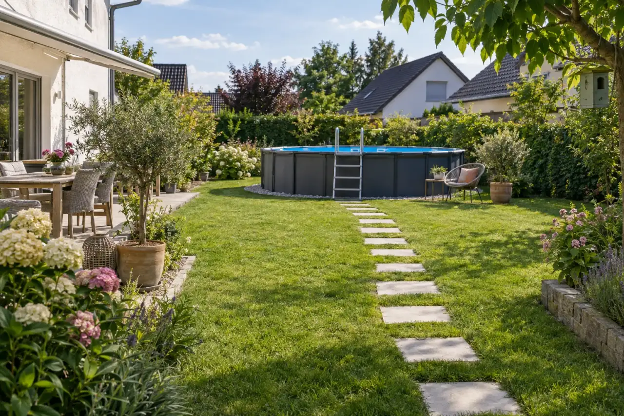 Trittsteine werden als sichtbare Verbindung zum Pool angeordnet.