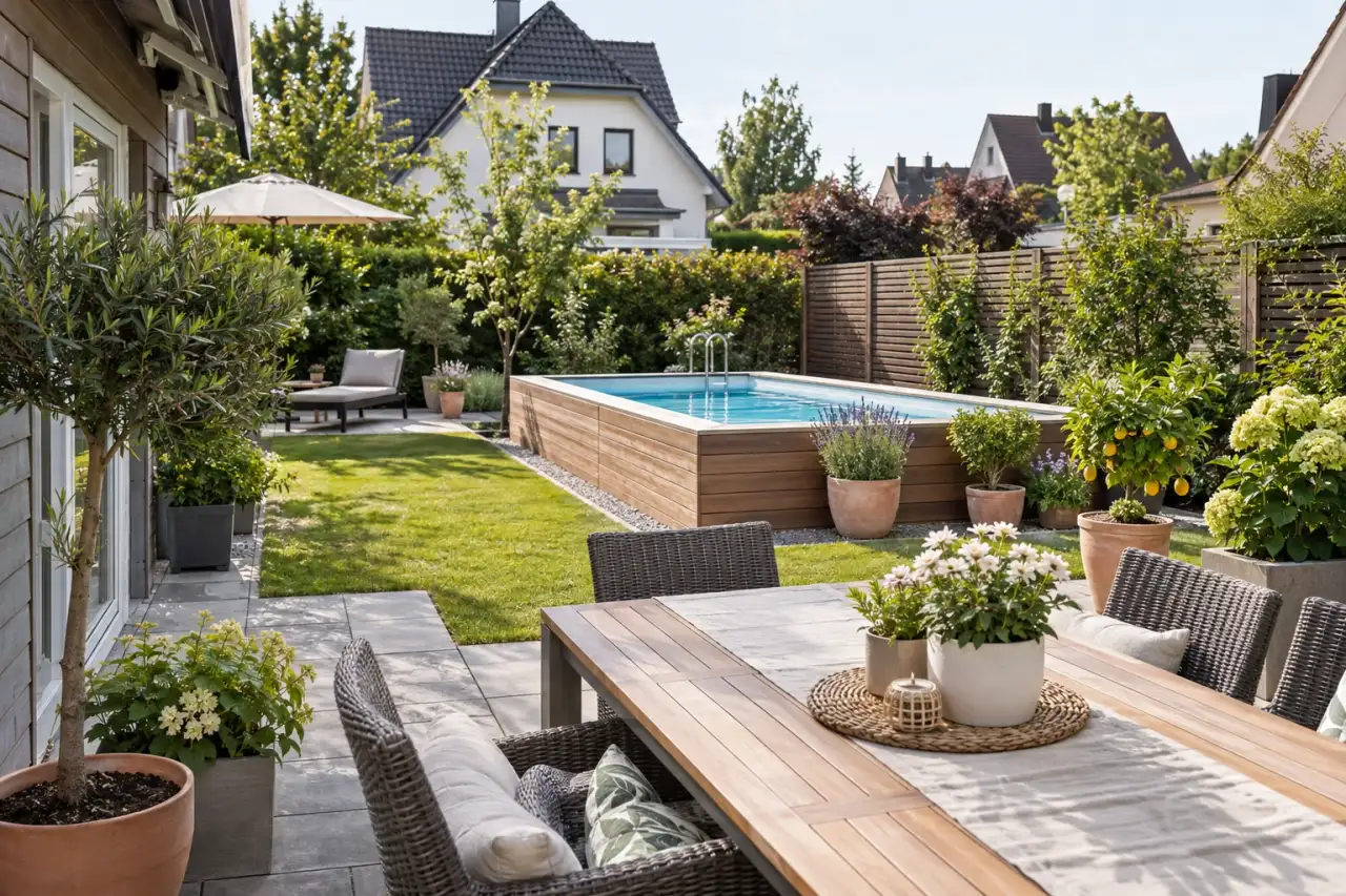 Geordnete Atmosphäre mit geraden Linien am Pool.