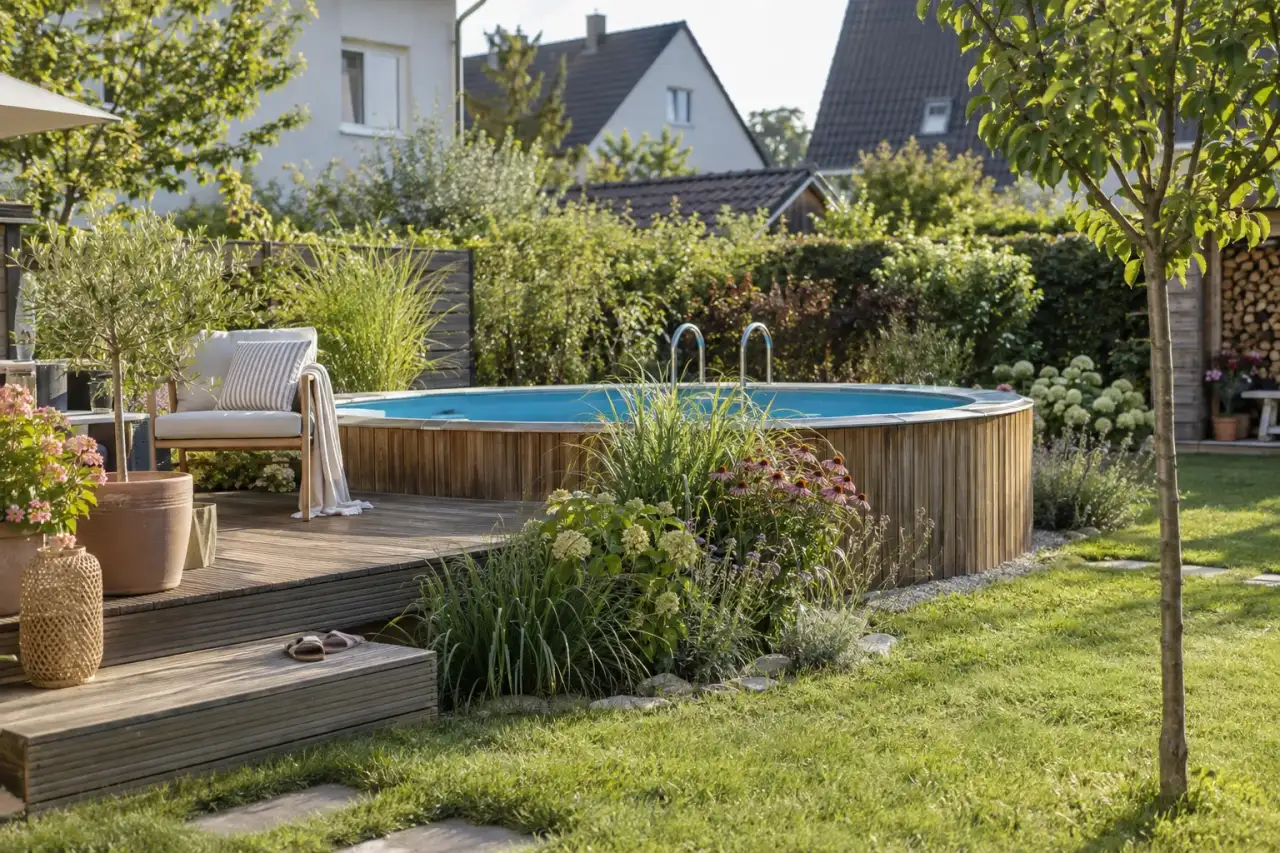 Ruhige natürliche Atmosphäre mit Holz und Gräsern.