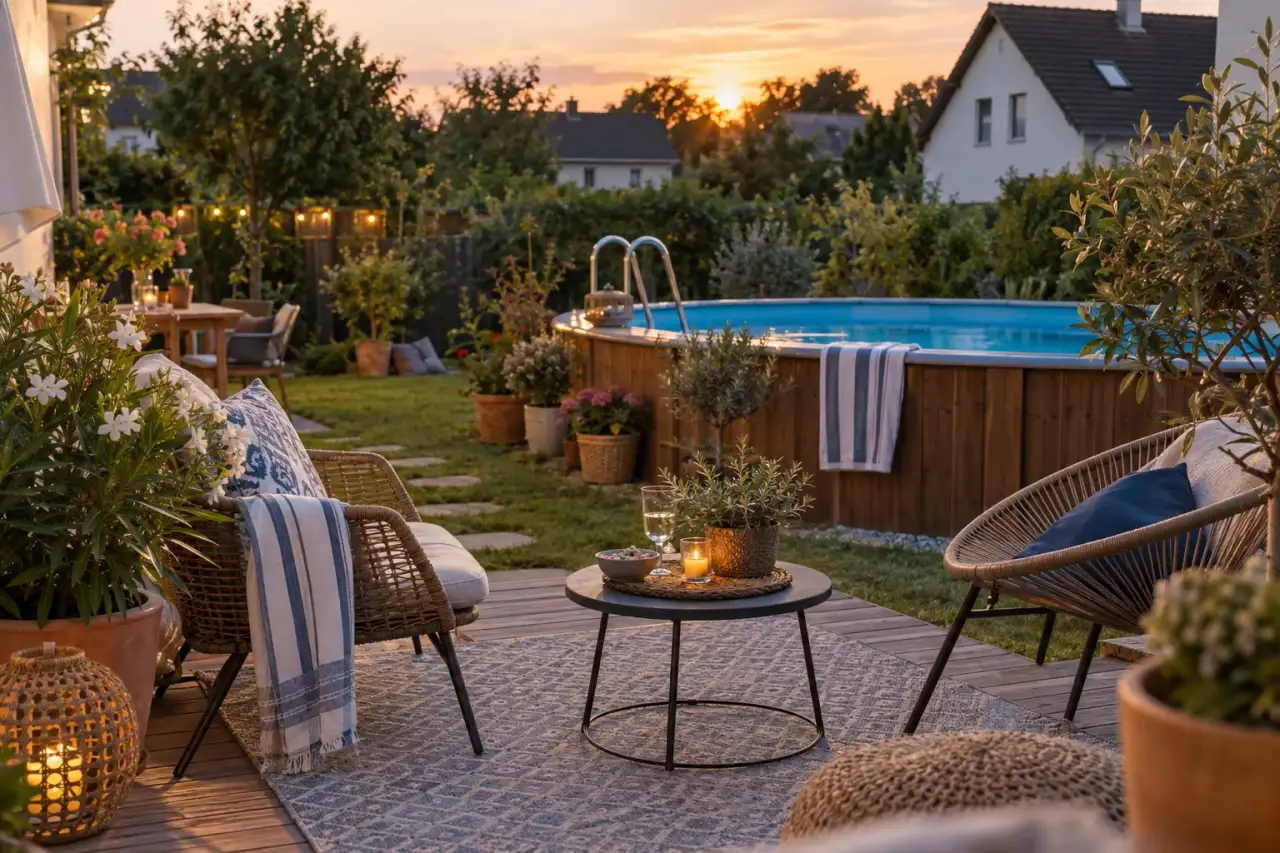 Sommerliche Wohnatmosphäre mit Sitzplatz und Kübeln.