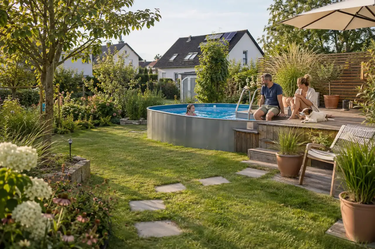 Aufstellpool mit Holzdeck, Gräsern und Sitzplatz im gepflegten Hausgarten.