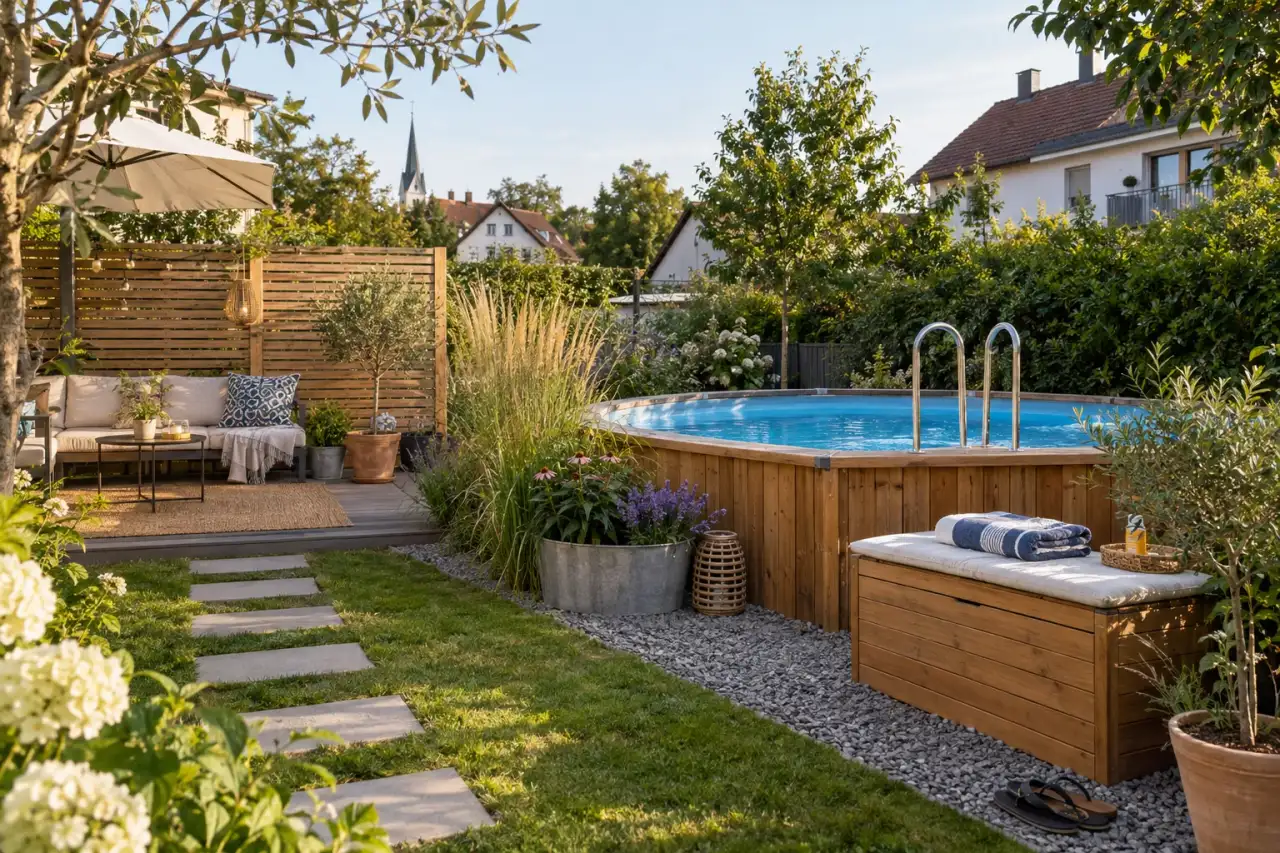Eine Gartenszene zeigt Weg, Poolrand, Sichtschutz, Pflanzen, Sitzplatz und Ablage.