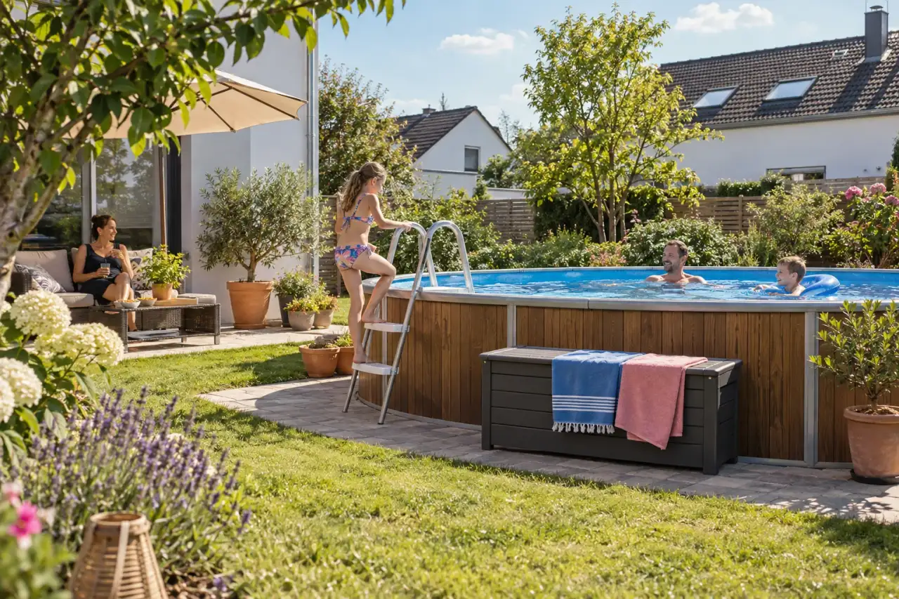 Familienfreundlicher Aufstellpool mit freiem Zugang und Sitzbank.