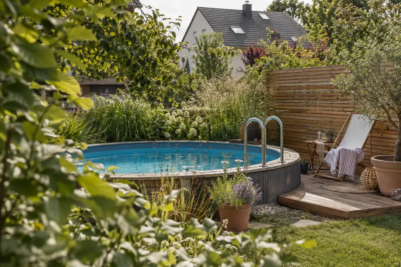 Natürlich eingebetteter Aufstellpool mit Holz und Gräsern.