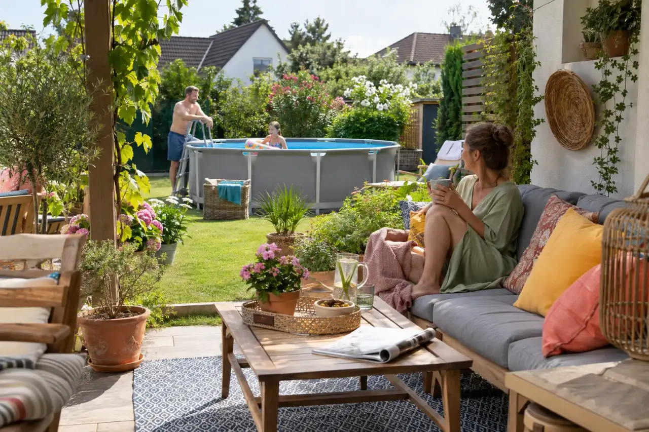 Wohnlicher Poolbereich mit Sitzplatz, Textilien und Kübelgrün.
