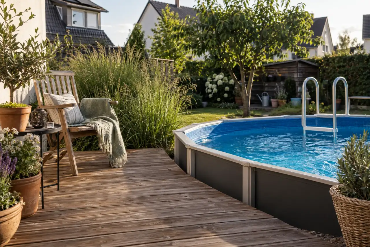 Holzdeck mit Stuhl am Aufstellpool.