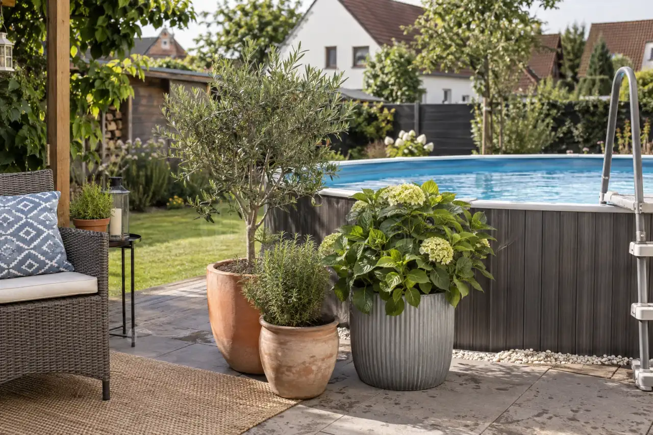 Kübelpflanzen gruppieren sich neben dem Pool.