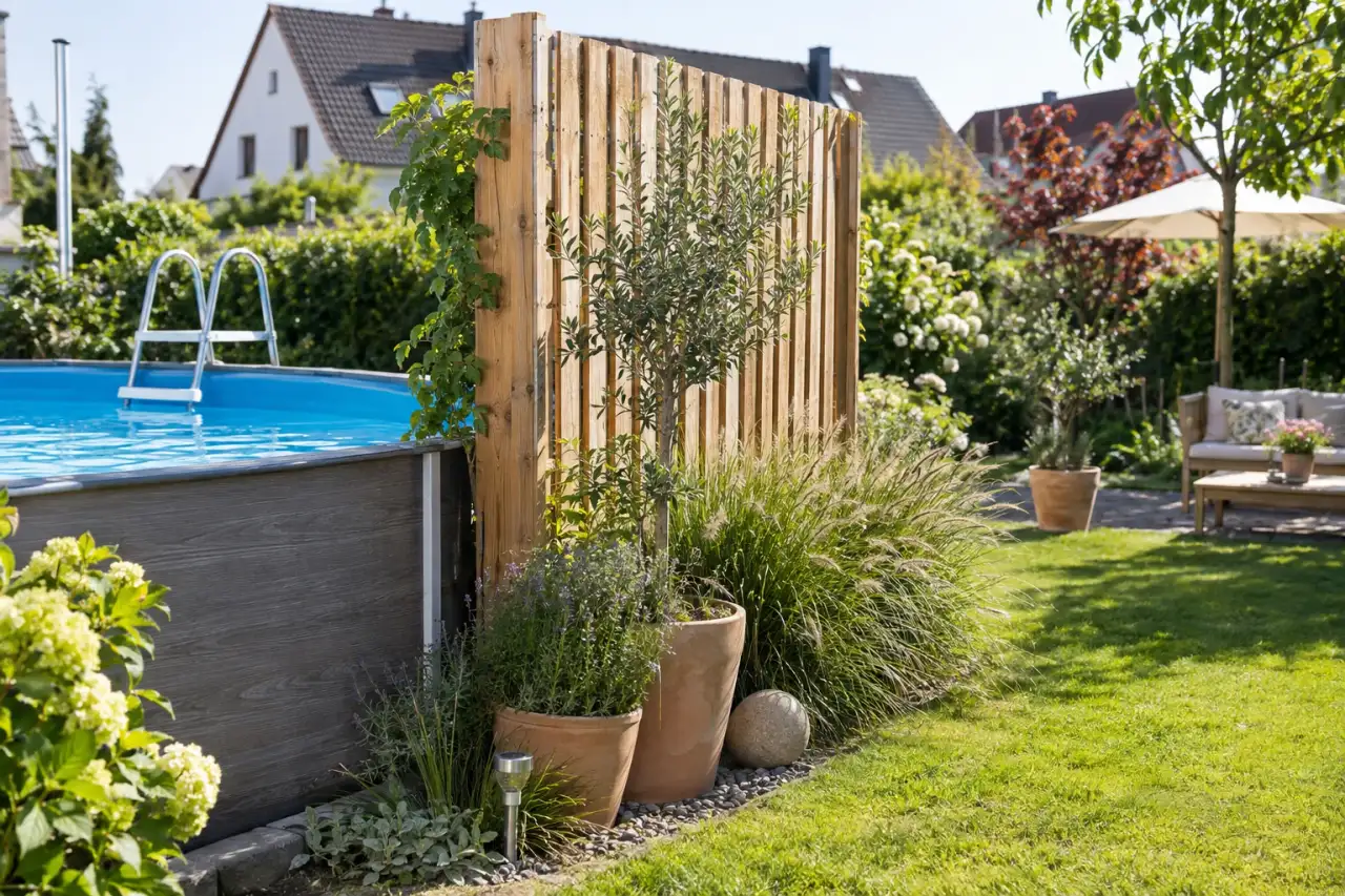 Seitlicher Holzsichtschutz neben einem Aufstellpool.