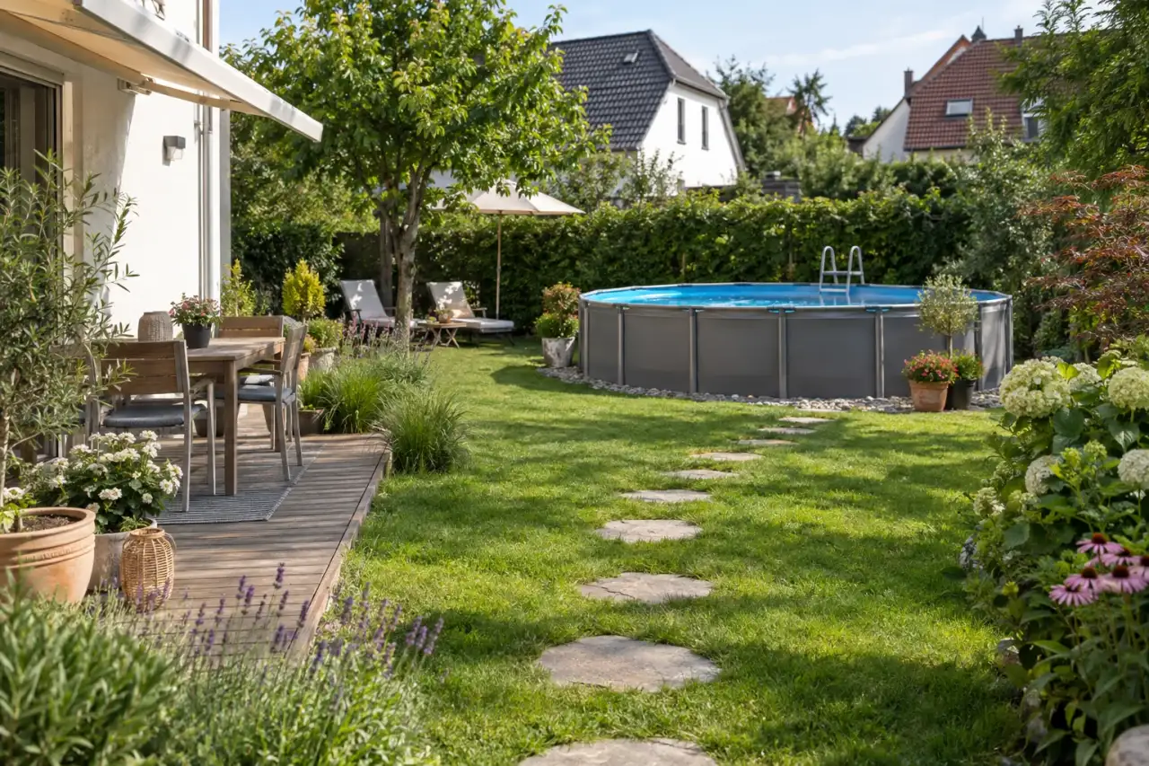 Trittsteine führen durch den Rasen zum Pool.