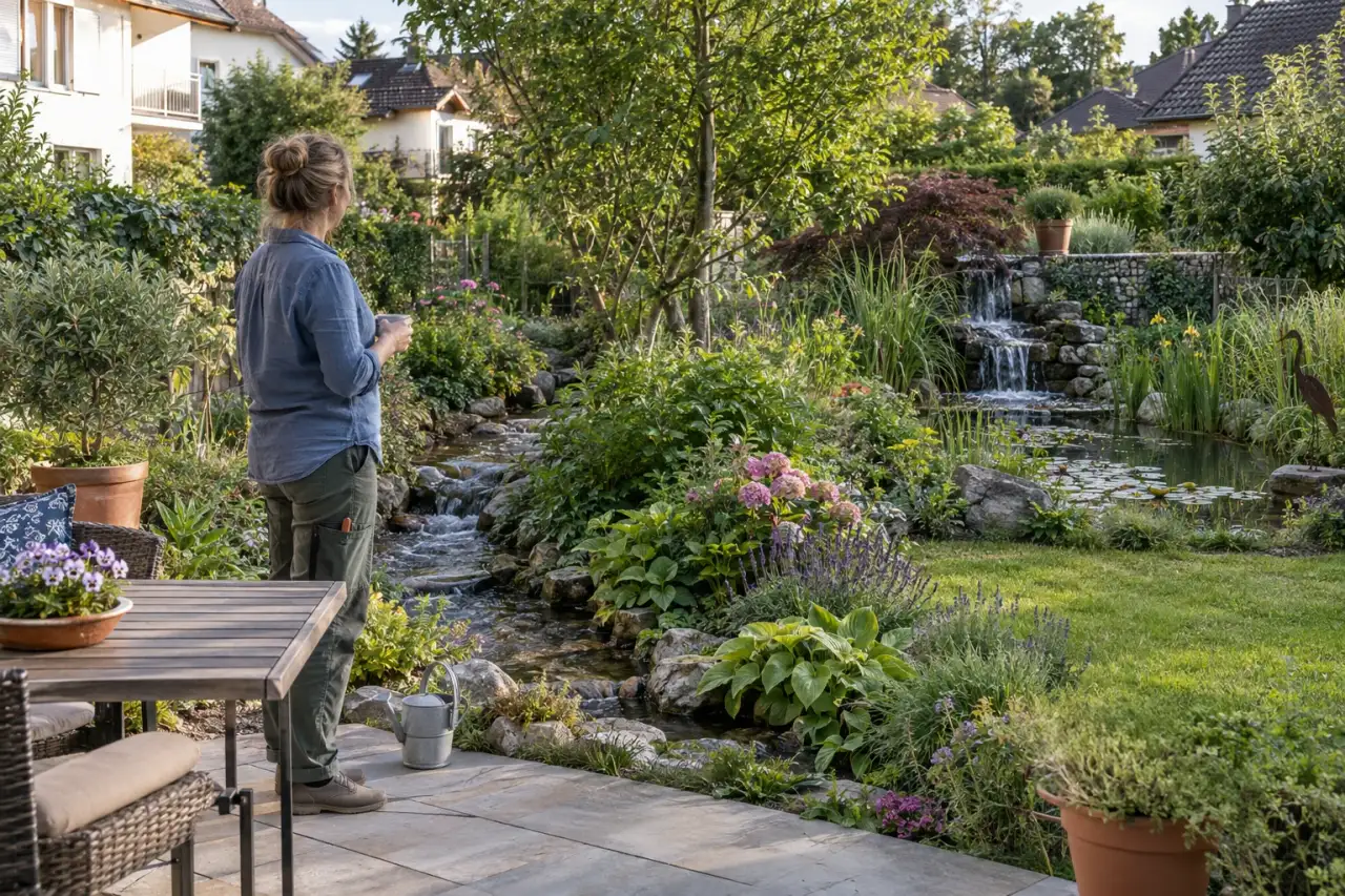 Gärtner betrachtet die Wirkung von Bachlauf, Wasserfall und Teich im Garten.