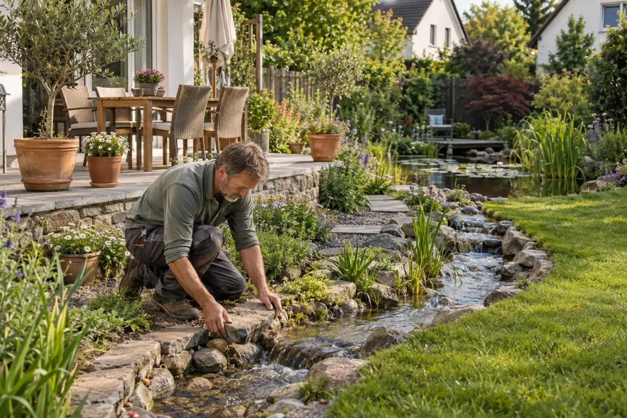 Bachlauf folgt einer Rasen- und Wegkante durch den Garten.