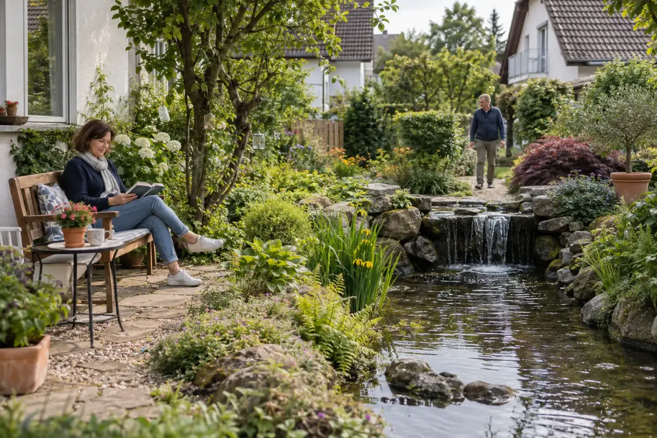 Sitzplatz und Weg sind angenehm an einen Wasserlauf angebunden.