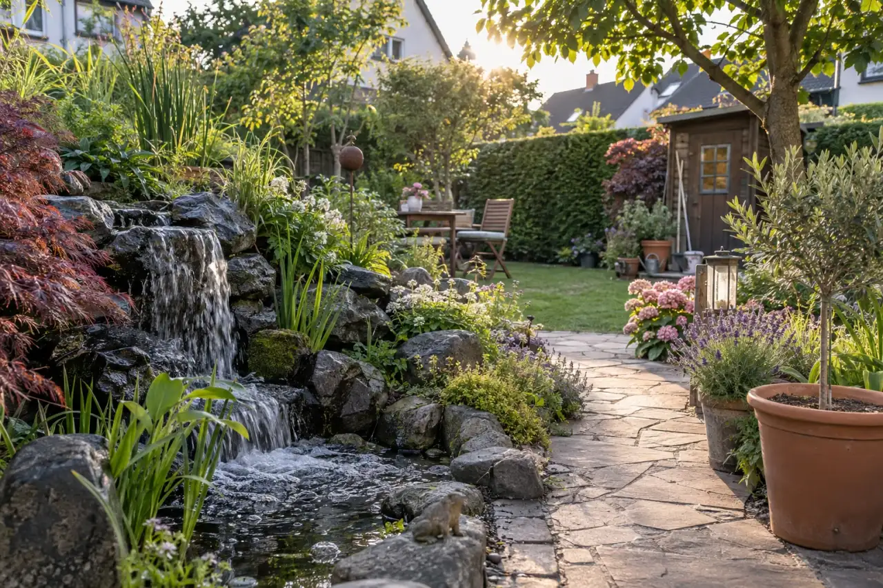 Lebhafter Wasserfall direkt an einem Gartenweg.