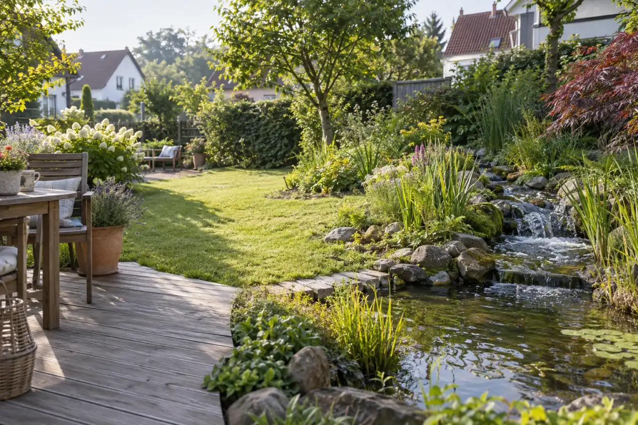 Ruhiger Bachlauf führt durch einen Garten zu einem kleinen Teich.
