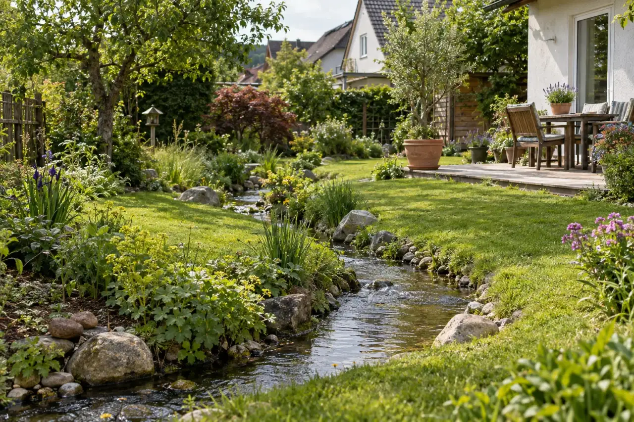 Geschwungener Bachlauf verlängert die Sicht durch den Garten.