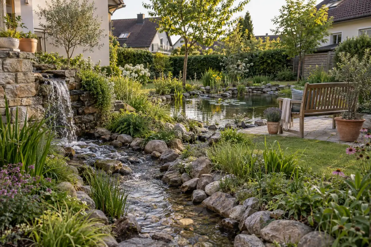 Eine Gartenszene zeigt Bachlauf, Wasserfall, Teich, Einlauf, Sitzplatz und Steinlinie.