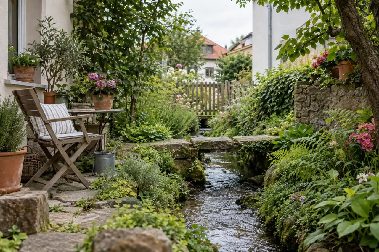 Kompakter, ruhiger Bachlauf in einem kleinen Innenhofgarten.