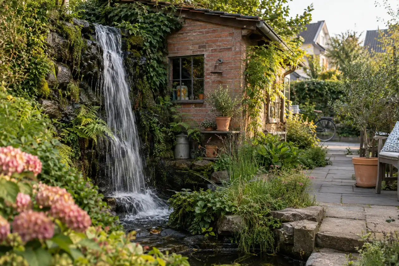 Markanter Wasserfall neben einem Gartenhaus als Blickfang.