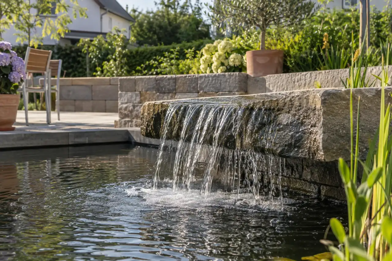 Wasser fällt über eine breite steinerne Kante.