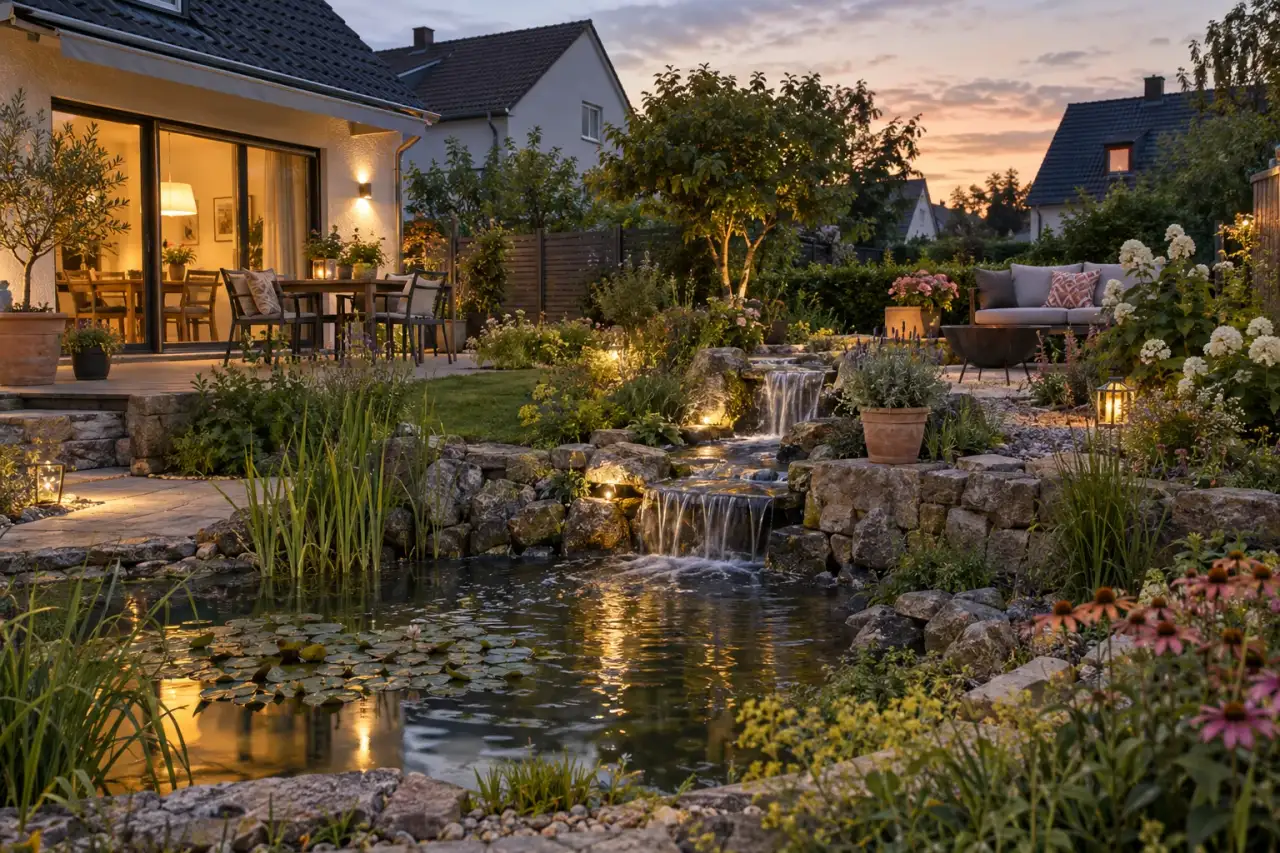 Zusammenhängende Gartenszene mit Bachlauf, Wasserfall, Teich und Sitzplatz.