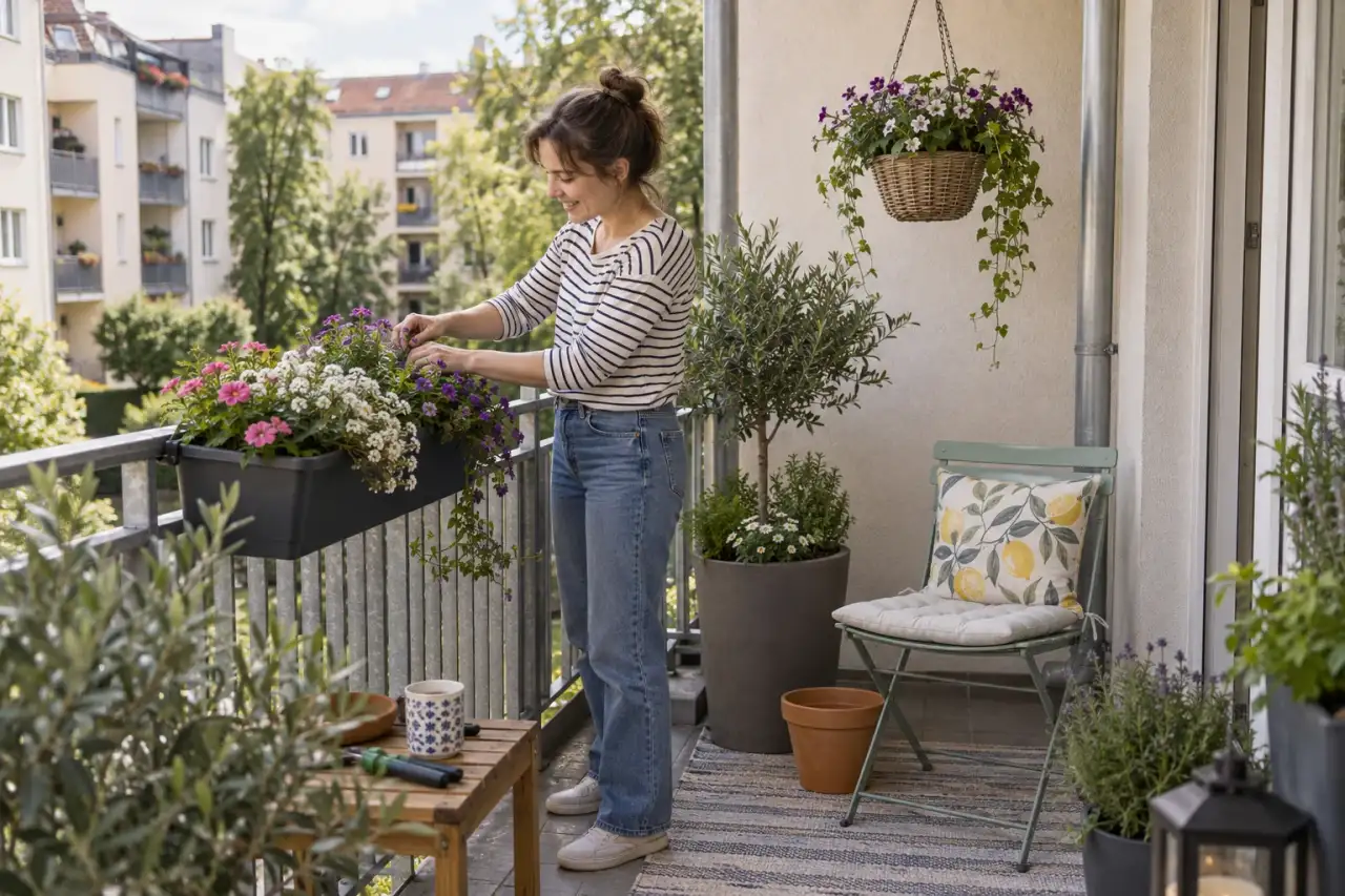 Drei Pflanzebenen auf einem kleinen Balkon