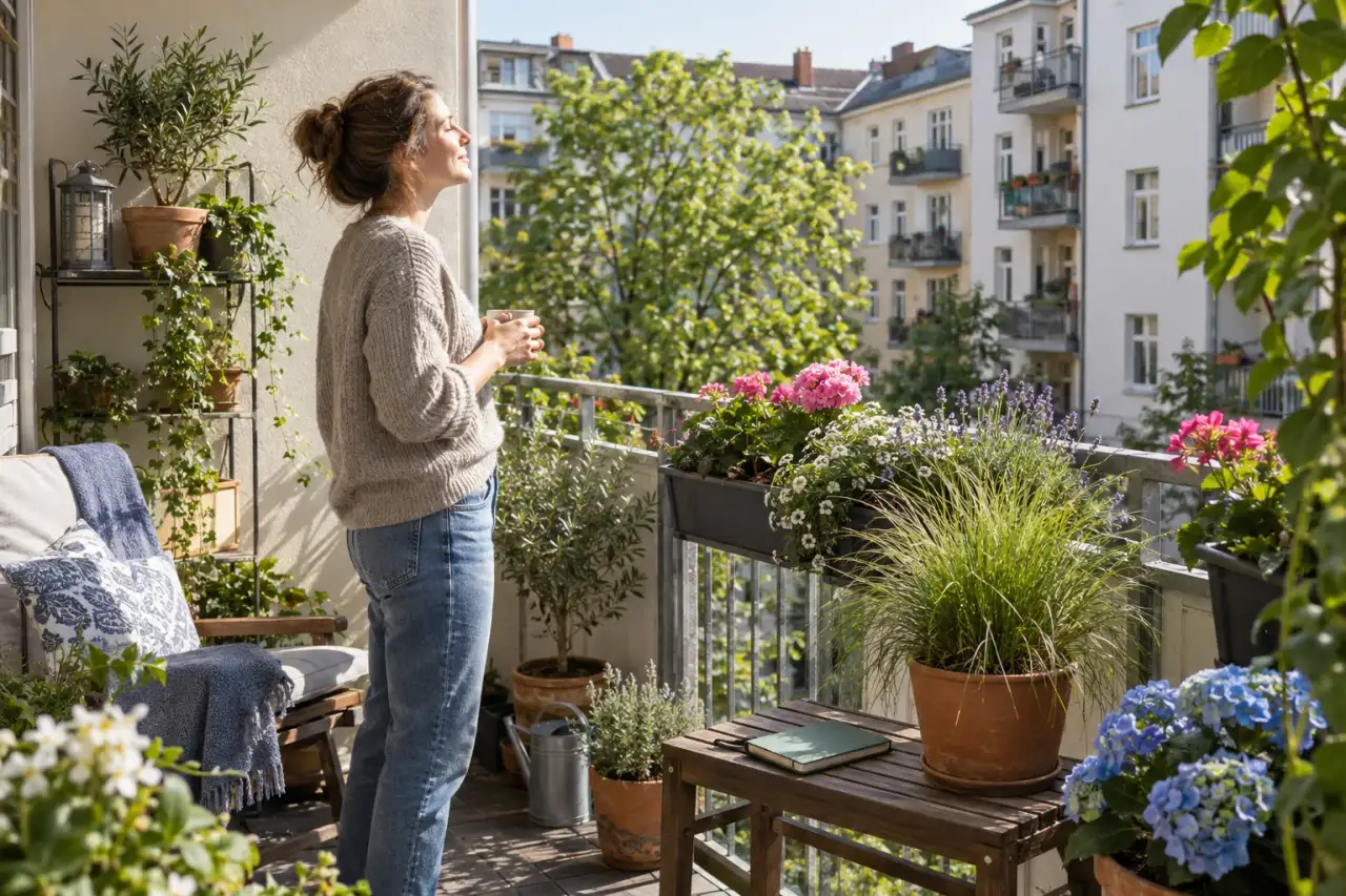 Person betrachtet Licht und Pflanzenwirkung auf einem Balkon