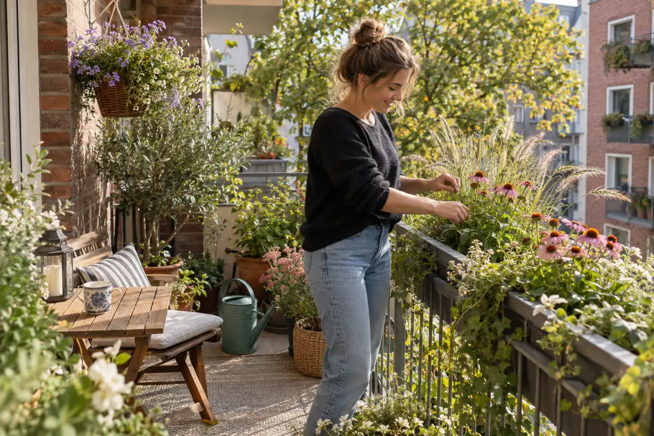 Saisonaler Balkon mit Blüten, Gräsern und Ampel