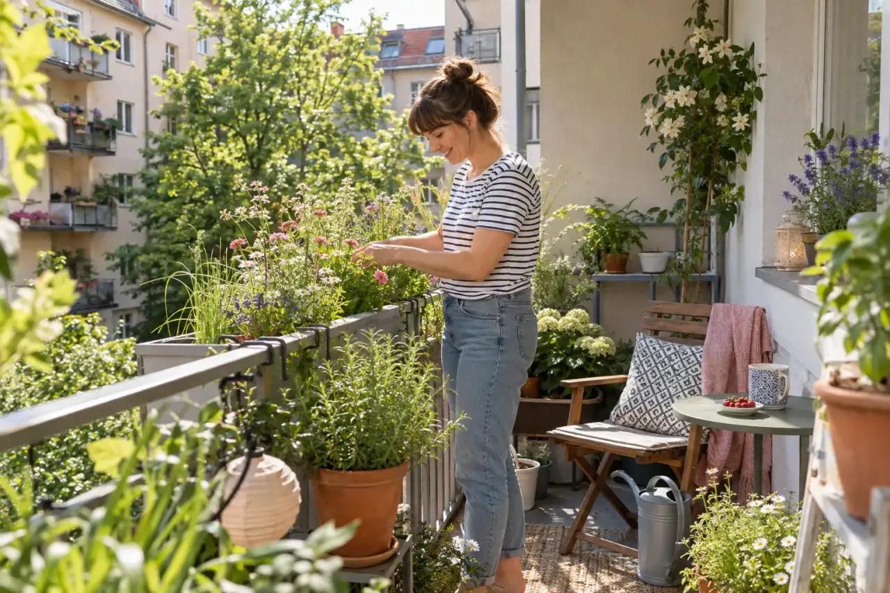 Leichte sonnige Balkonstimmung mit Blüten und Gräsern