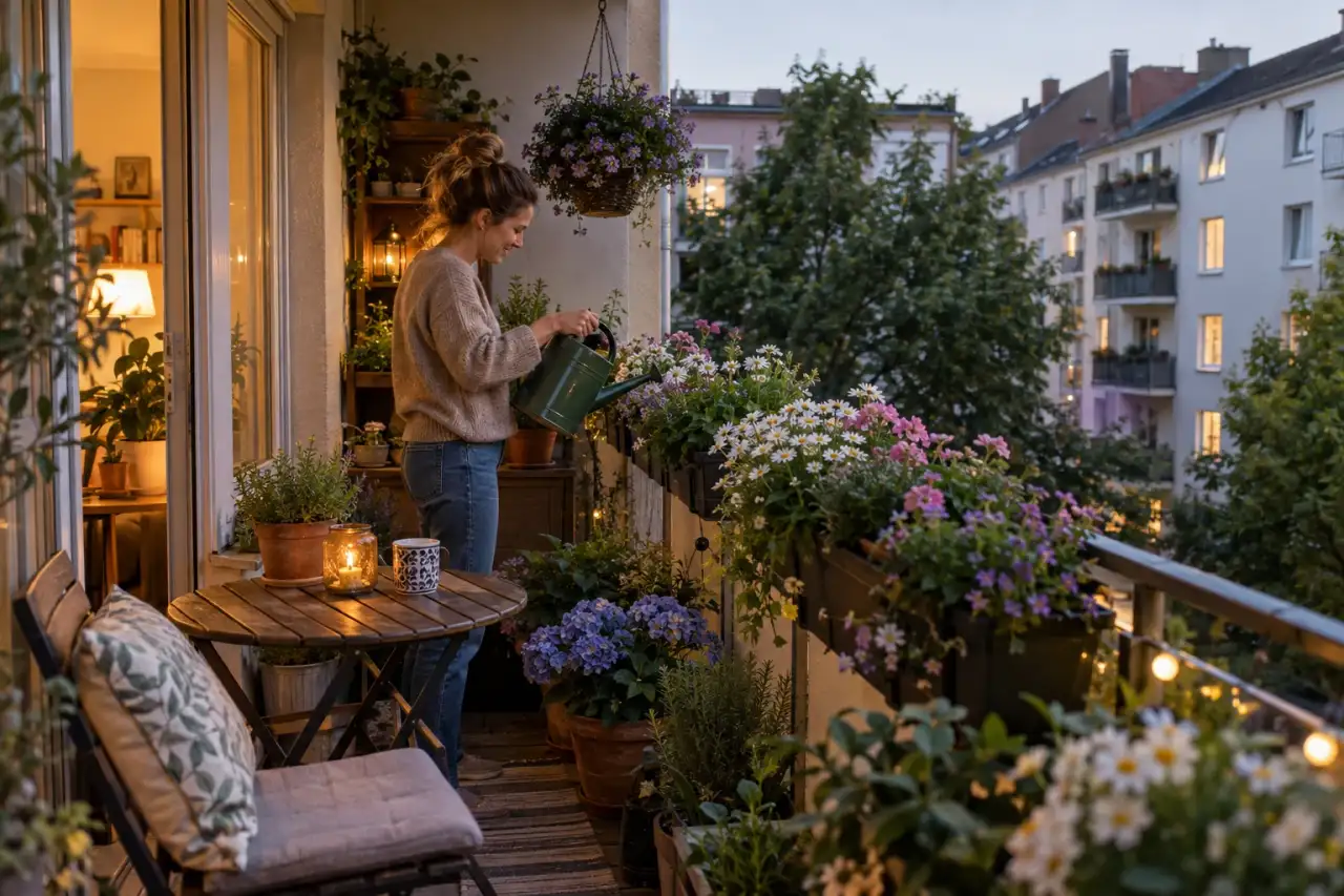 Üppiger wohnlicher Balkon mit Pflanzen und Tisch