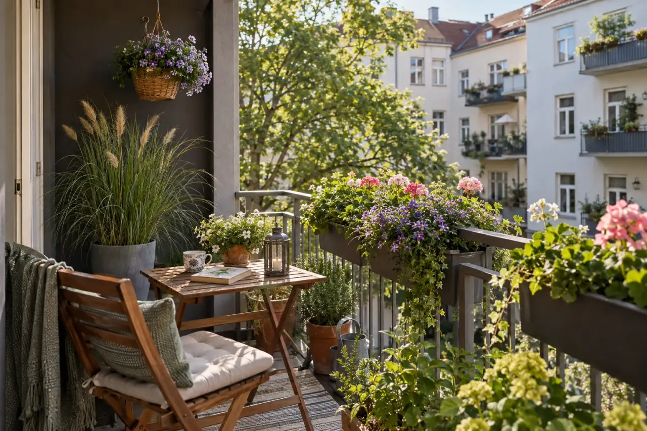 Blühender Stadtbalkon mit Kästen, Gras und Blumenampel