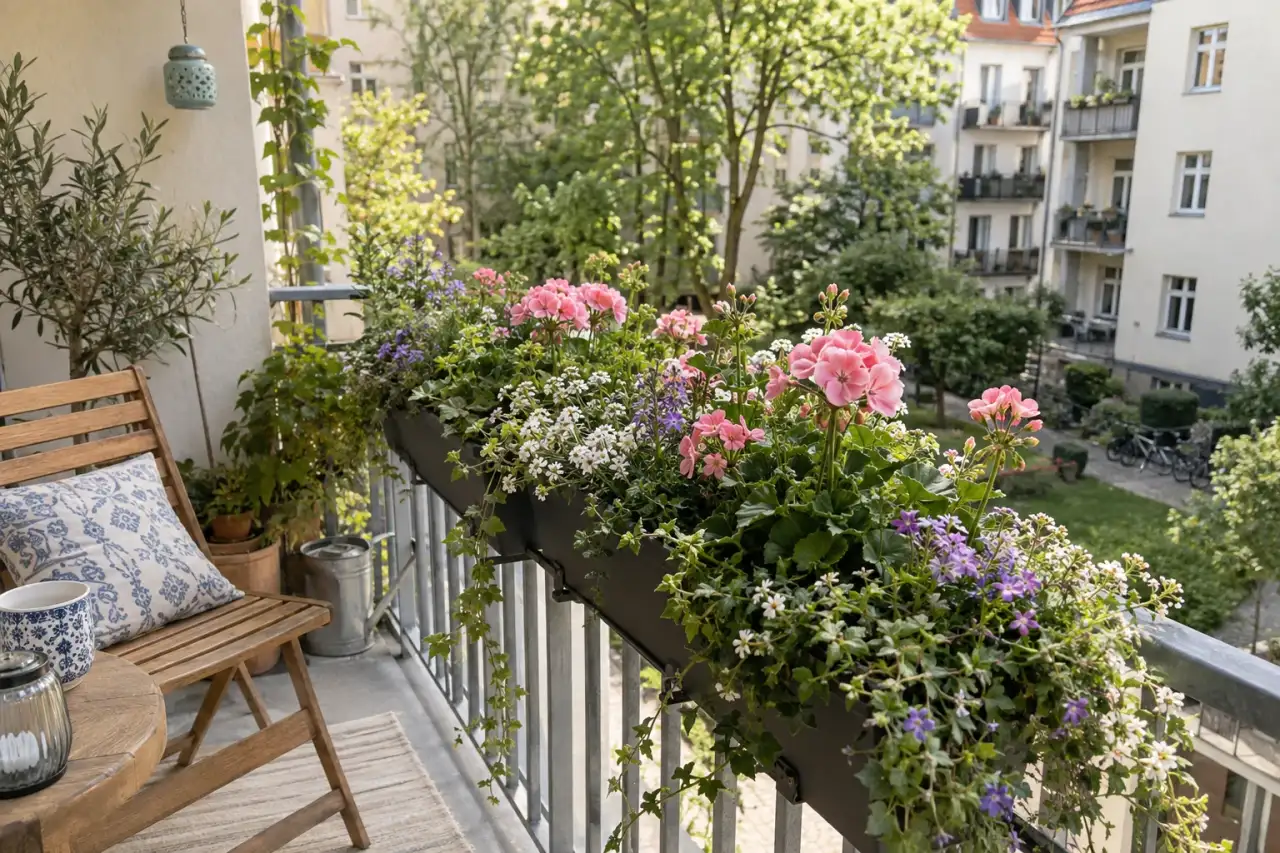 Blumenkasten als horizontale Balkonbasis
