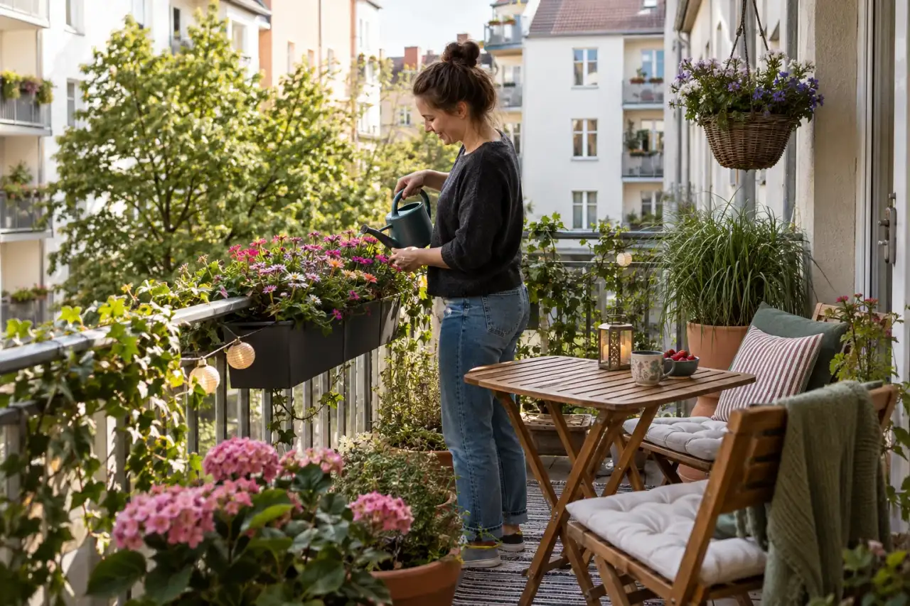 Ein Balkon mit Kasten, Ampel, Gras, Sitzplatz und verbindenden Formen