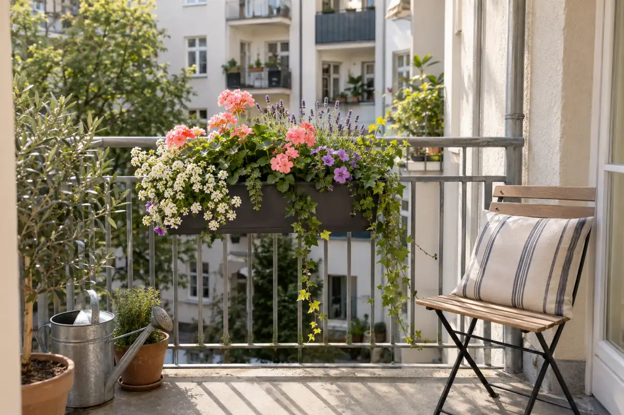 Kompakter Blütenkasten auf einem kleinen Balkon