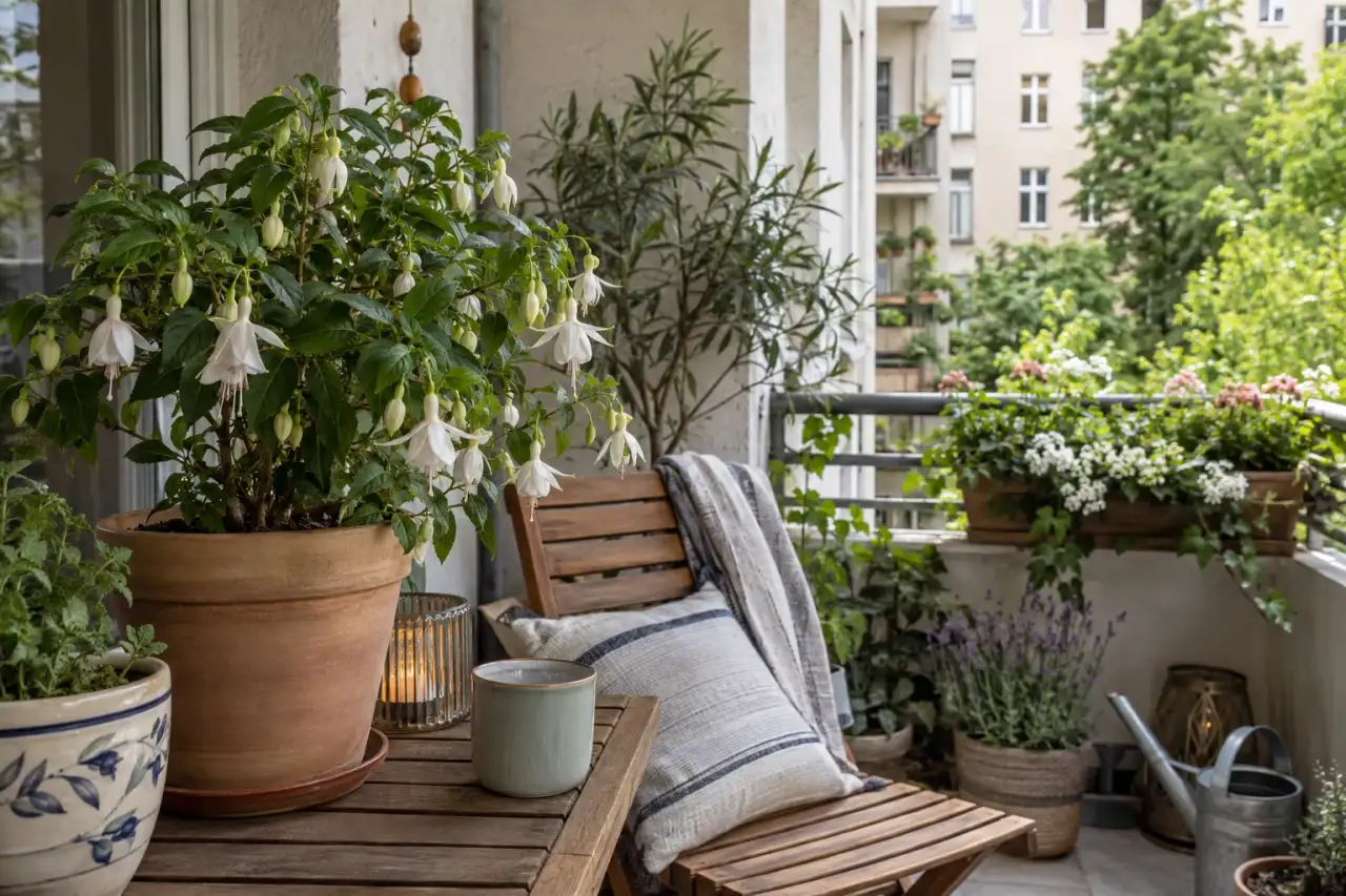 Weiße Fuchsie im Topf auf einer schattigen Loggia