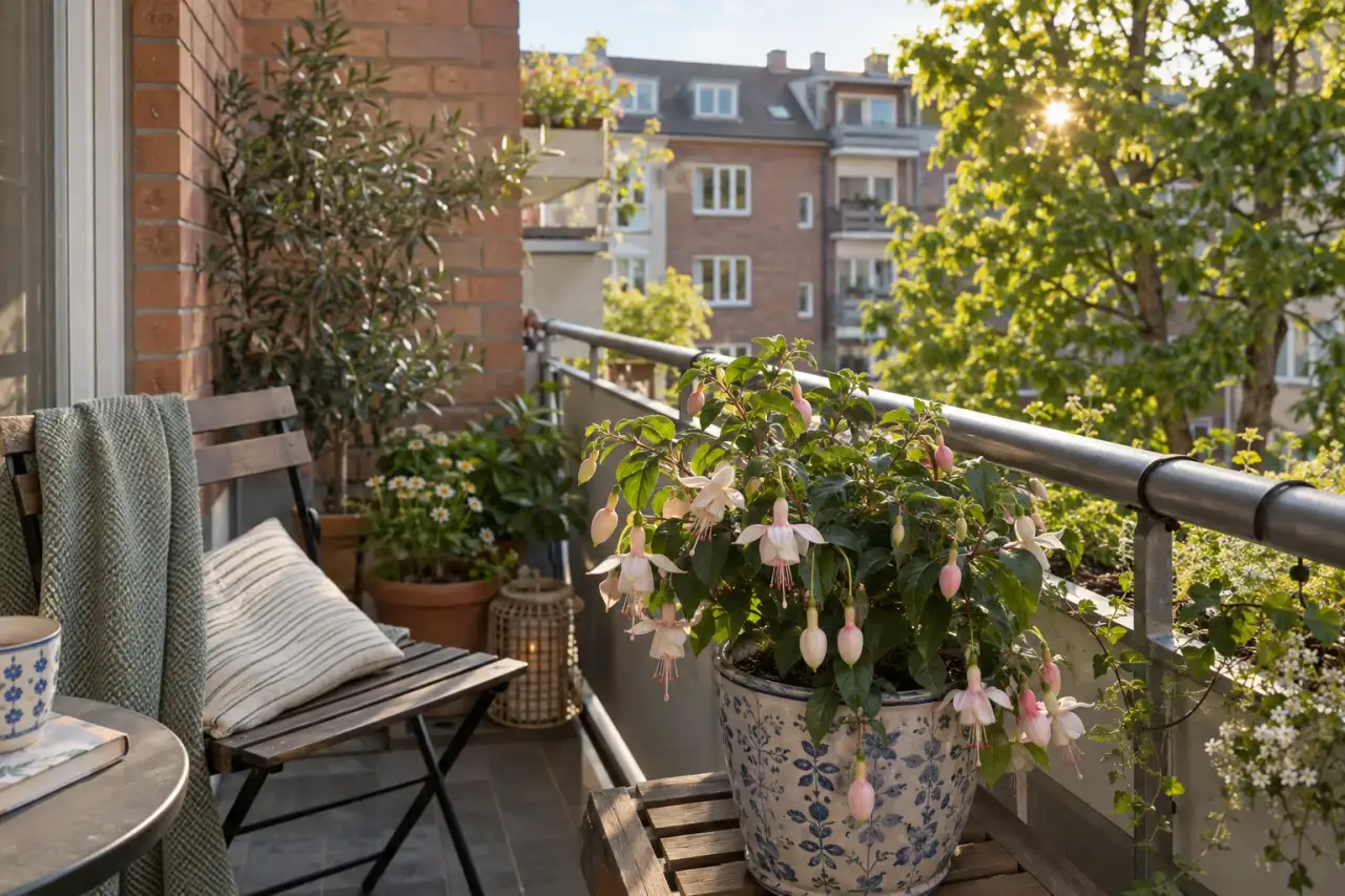 Helle Fuchsie als Schwerpunkt im Balkongefäß