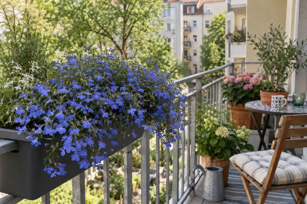 Blaue Lobelie füllt den Rand eines Balkonkastens
