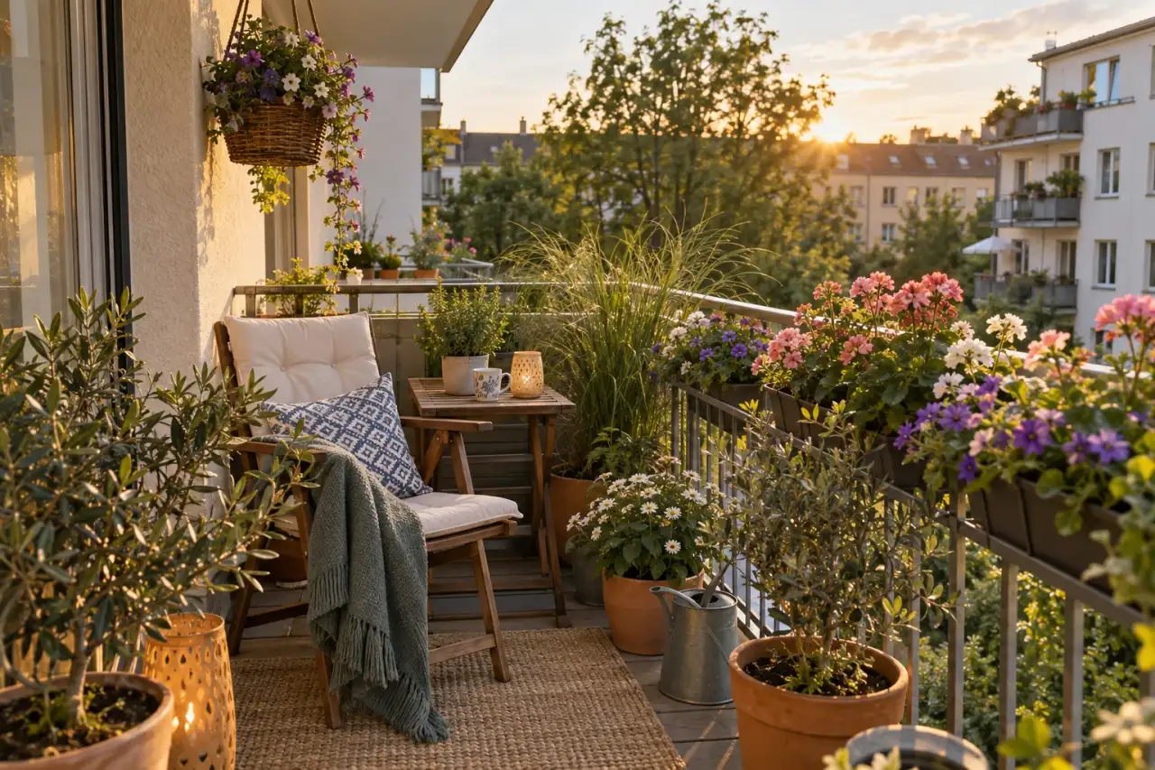 Harmonisch bepflanzter Balkon als grüner Rückzugsort
